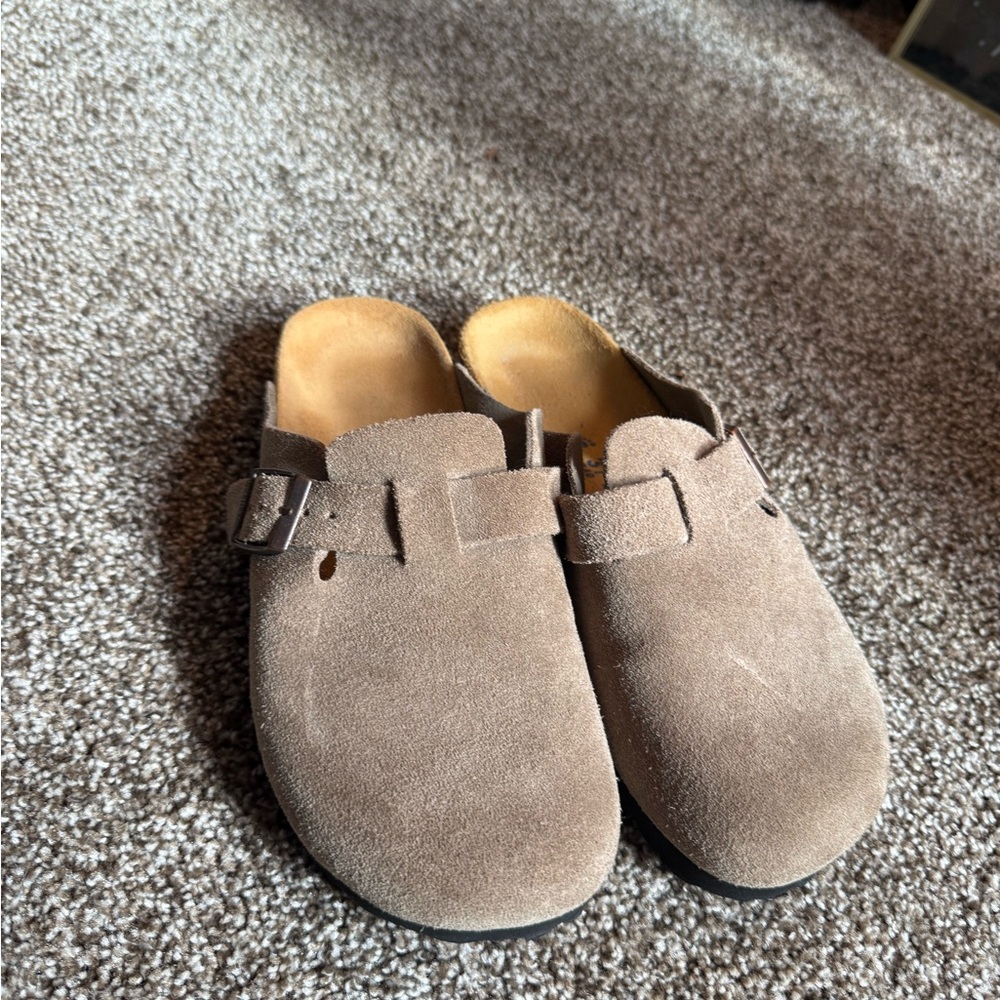 Women's Birkenstock Taupe Suede Mules with Buckle